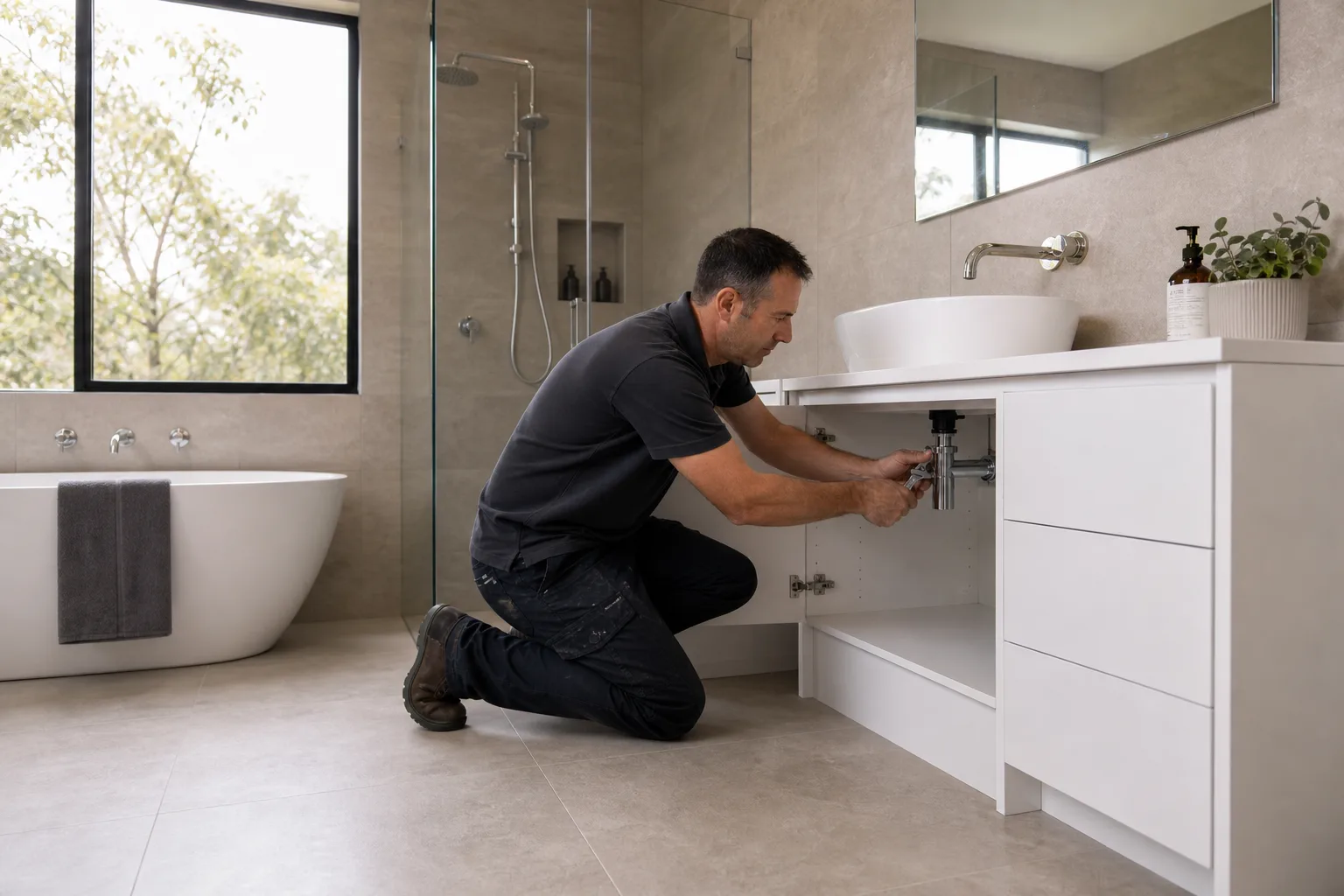 Plumber installing bathroom vanity plumbing — Nicon Built