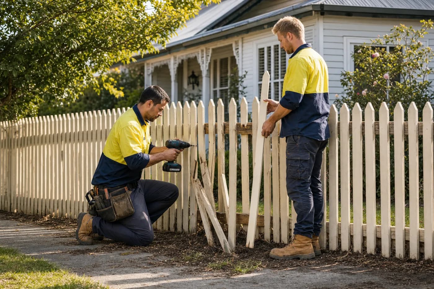 Nicon Built team repairing storm-damaged timber fencing at a Melbourne weatherboard home